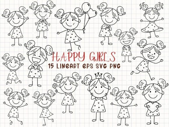 Happy Girls Line Art Stick Figure Girl Collection